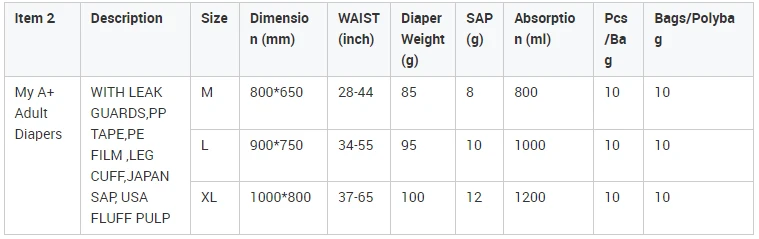 Adult Diaper Specification 